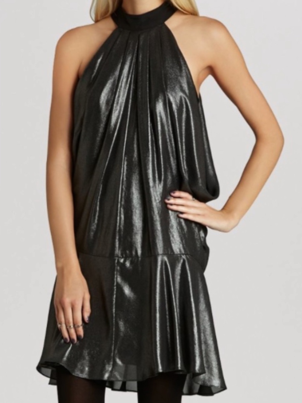 BCBGeneration Shimmery Metallic Grey with Black satin Halter neck Mini Dress XXS